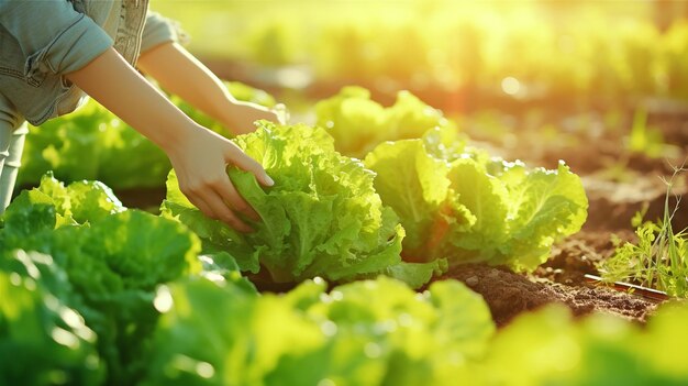 Woman hands picking green lettuce in vegetable garden Generative AI