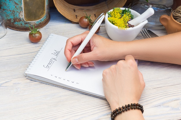 Woman hands planning grocery list