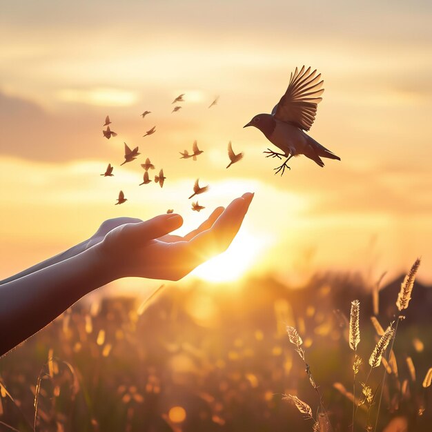 Photo woman hands praying and free bird enjoying nature ai generative