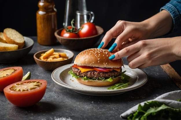 Woman hands preparing a burger