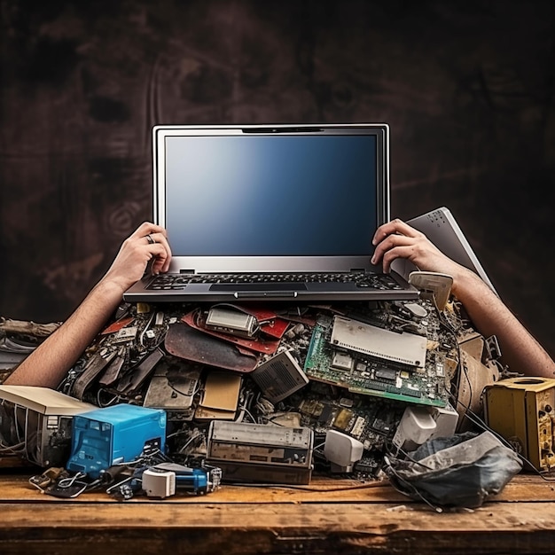 Woman hands put old laptop and keyboard in box with old used computers and recycling Generative AI