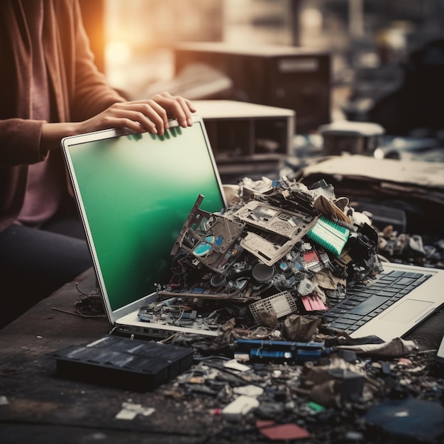 Photo woman hands put old laptop and keyboard in box with old used computers and recycling generative ai