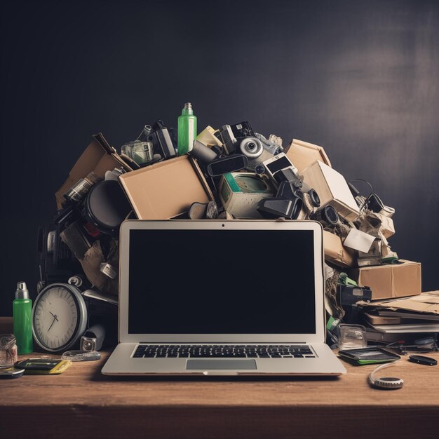 Woman hands put old laptop and keyboard in box with old used computers and recycling Generative AI