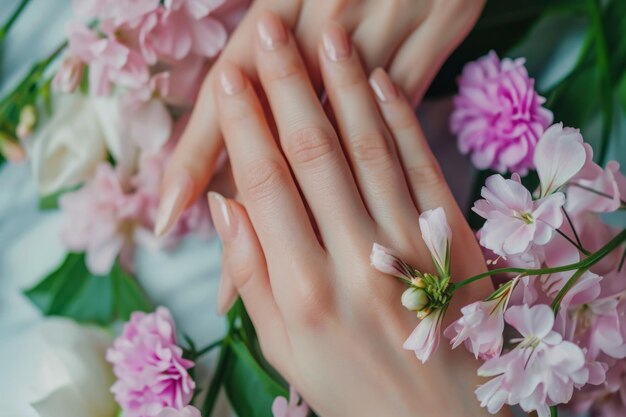 Woman hands among the spring flowers