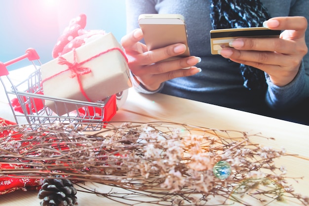 Woman hands using smartphone and credit card. Holiday online shopping