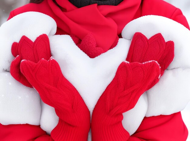 겨울 장갑을 입은 여성의 손은 심장 기호 모양의 라이프 스타일과 감정 개념과 해가 지는 빛 자연을 배경으로합니다.