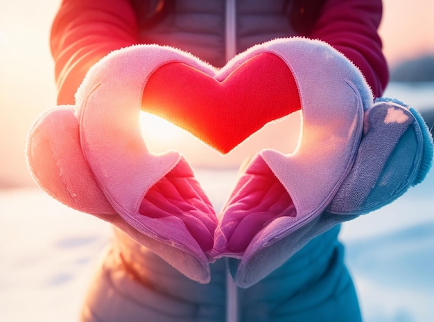 Woman hands in winter gloves Heart symbol shaped Lifestyle and Feelings concept with sunset light nature on background