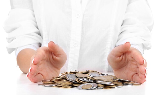 Woman hands with coins close up