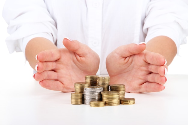 Woman hands with coins, close up