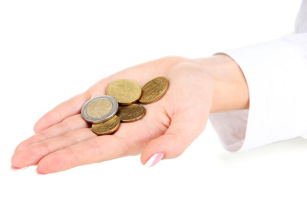 Woman hands with coins isolated on white