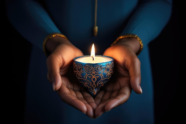 Woman hands with henna holding colorful clay diya lamps lit during diwali celebration