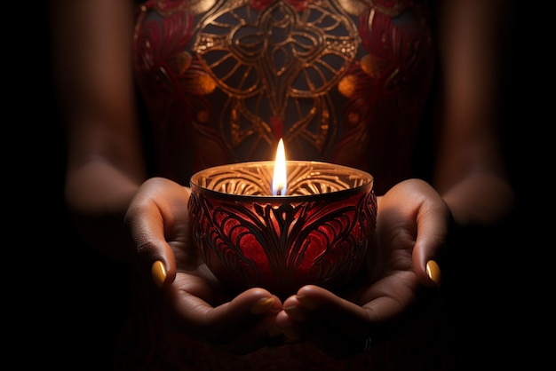 Woman hands with henna holding lit candle isolated on black background with clipping path