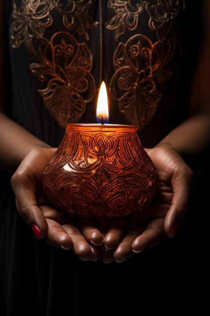 Foto mani di donna con l'henna che tiene una candela accesa isolata su sfondo nero con percorso di ritaglio