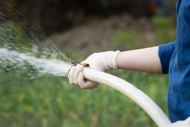 Photo a woman hands with hosepipe watering her huge garden during lovely spring / summer time; hard work; senior; gardening