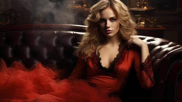 화재 배경에 소파에 앉아있는 여성 잘생긴 모델은 아르마니가 디자인한 빨간색 디자이너 드레스를 입고 있습니다: 혼란 30 ar 169 stylize 500 직업 아이디 c7bd7f23a42c410b2403df6c5a5a52c