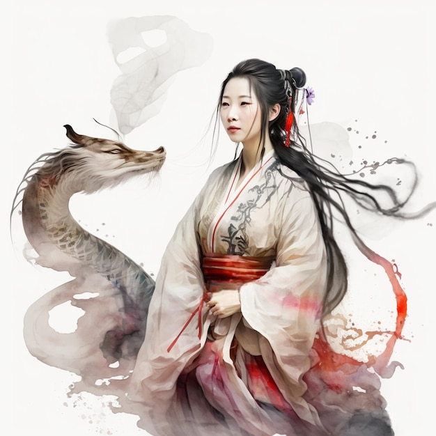 A woman in a hanfu with a dragon on her head