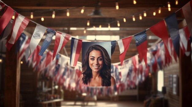 Photo woman hanging from string of american flags