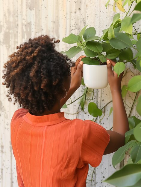 Woman Hanging Plant Pot on a Sunny Balcony