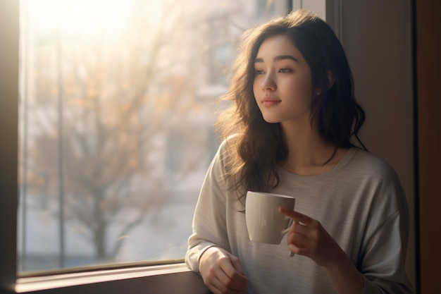 woman happily drinking coffee by the window in the morning