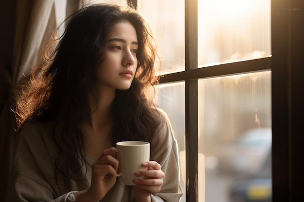 朝、窓際で楽しそうにコーヒーを飲む女性