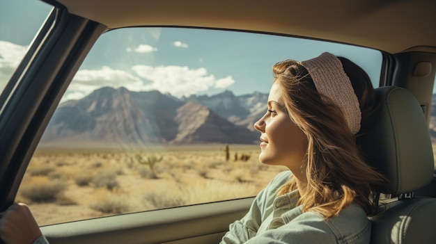 Photo a woman happily driving a car while traveling created with generative ai technology