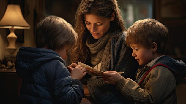 A woman happily engages with children as they play a board game together in a cozy home environment Mother Day