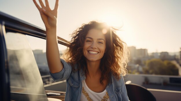 A woman happily peeks out the car window waving and smiling as she travels Created with Generative AI technology