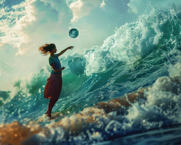 A woman happily plays with a ball in the serene waters of the ocean