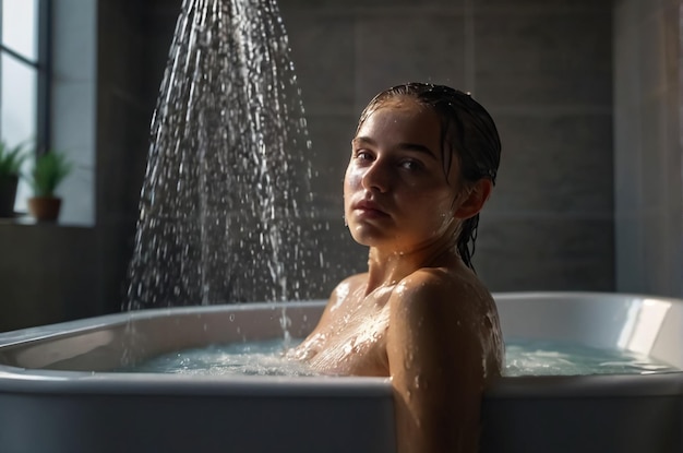 A woman happily taking a shower in a bathtub