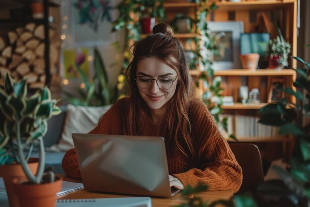 Photo woman happily working on laptop at home studying and writing