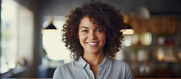 Woman happy confident in cafe with curly hair smiling