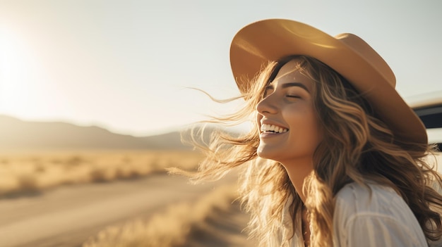 Photo a woman happy in a hat hair develops in the wind created with generative ai technology