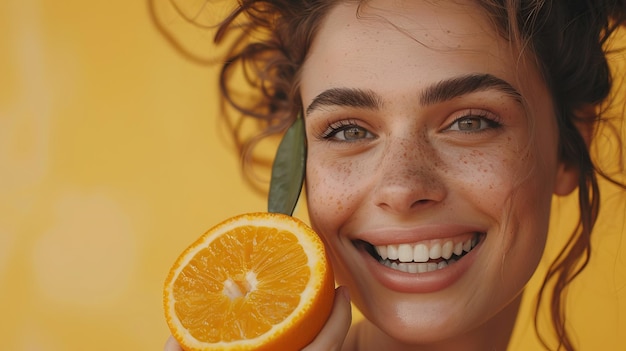 Photo woman happy holding orange for skin care