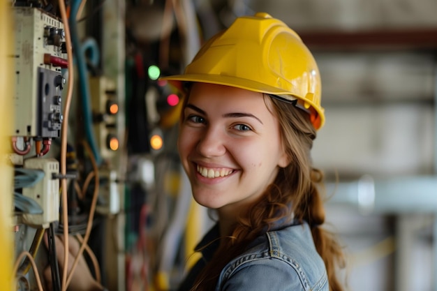 Woman in Hard Hat Next to Electrical Panel Generative AI