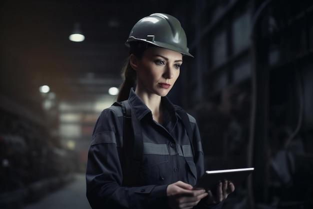 A woman in a hard hat and a helmet holds a tablet in her hands.