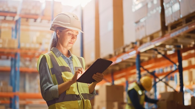 Photo a woman in a hard hat is standing in a warehouse with a tablet in her hand.