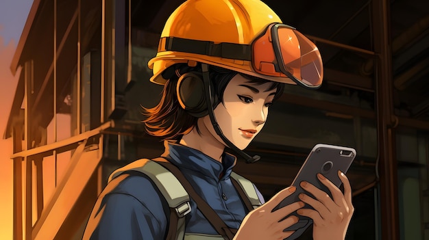 A woman in a hard hat looking at a cell phone Generative AI