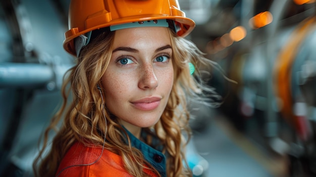 Woman in Hard Hat and Orange Jacket