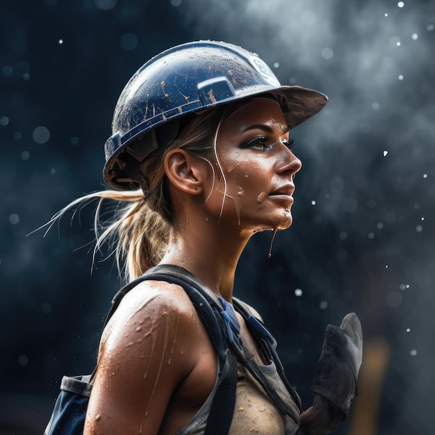 A woman in a hard hat and overalls standing in the rain