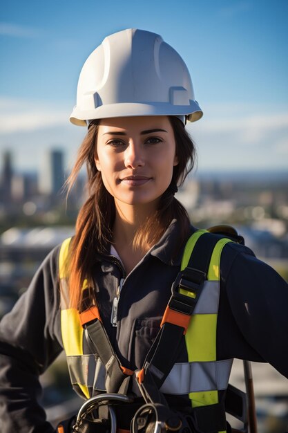 Foto donna con casco e equipaggiamento di sicurezza