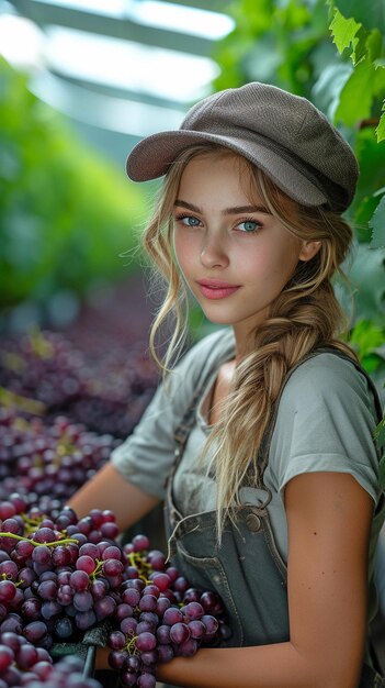 A woman harvesting grapes during the wine harvest season