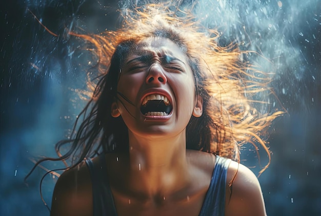 woman has an emotional breakdown in the style of neuro core
