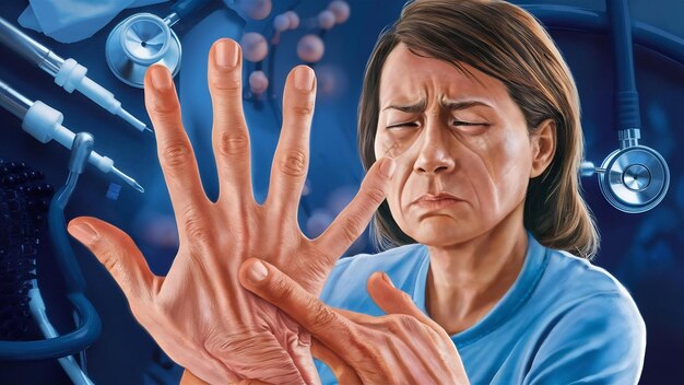 Woman has finger joint pain due to rheumatoid arthritis health care concept