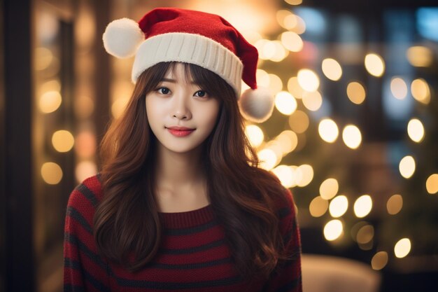 A woman has a nice hairstyle with christmas attributes