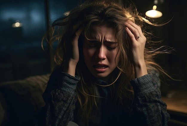 Photo woman has severe anxiety while pulling her hair at night in the style of emotional and dramatic