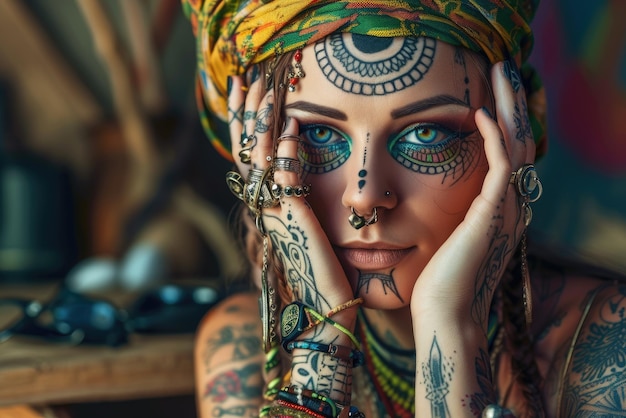 Beautiful Young Woman With Tattoos On Arms Nose Piercing And Dreadlocks  Against Grey Background Space For Text Stock Photo - Download Image Now -  iStock