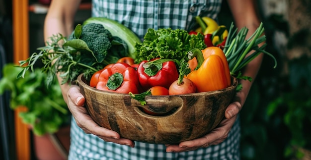 a woman has a wooden bowl filled up with fresh vegetables