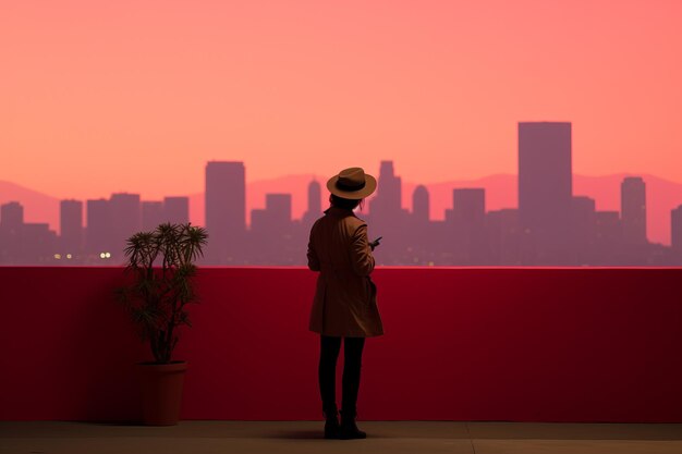 A woman in a hat and coat standing on a balcony looking at the city