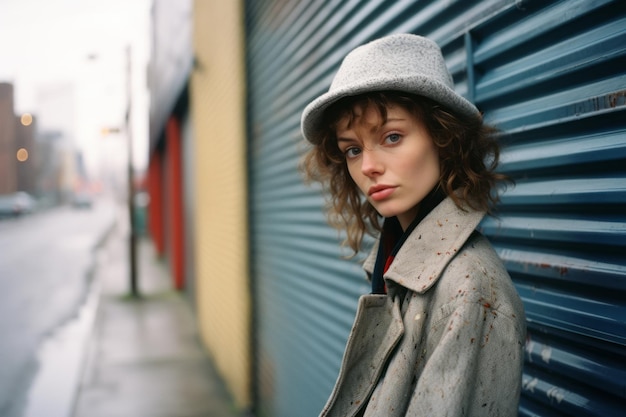 a woman in a hat and coat standing in front of a wall