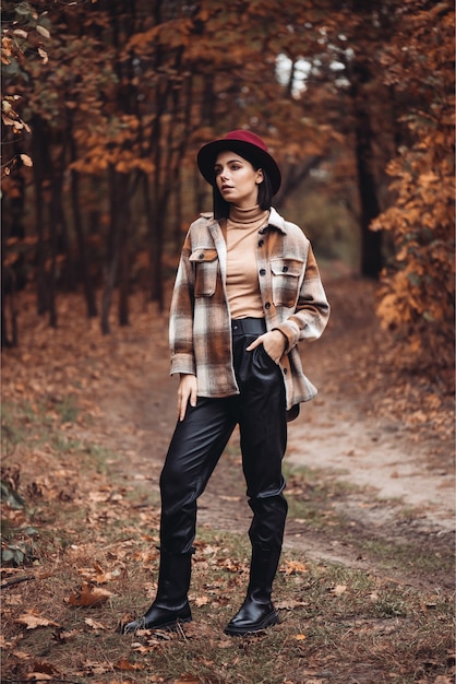 Женщина в шляпе и пальто в лесу